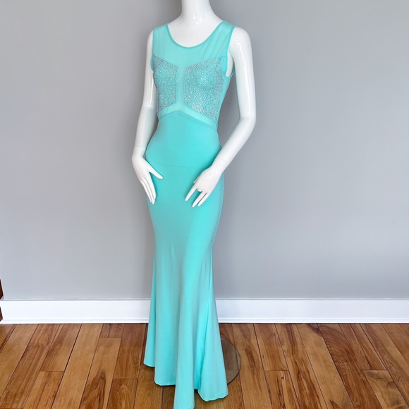 NWOT MISS MOI Sexy Evening Prom Wedding Party Gown Mint Dress Crystals Mesh S - Picture 1 of 15